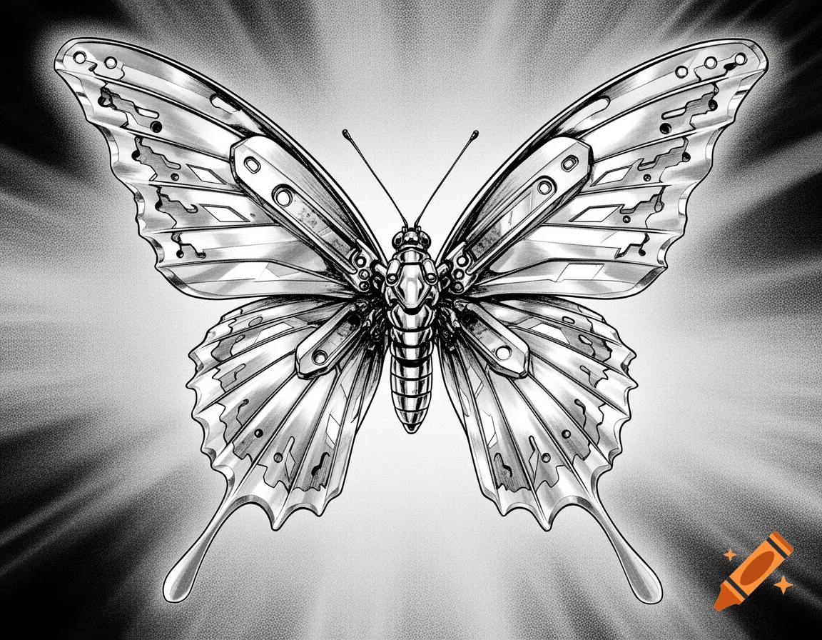 A detailed black and silver mechanical butterfly with intricate, blade-like wings in manga style.