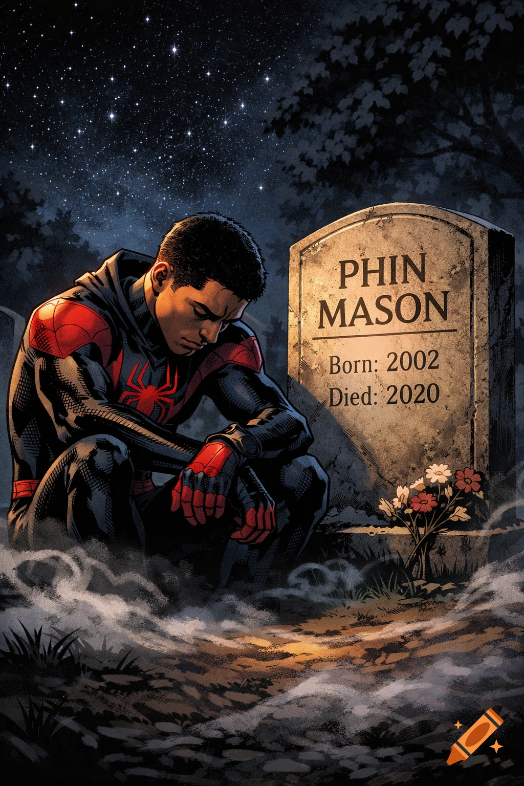 Miles Morales in his Spider-Man suit sits sadly by Phin Mason's gravestone at night, comic-book style.