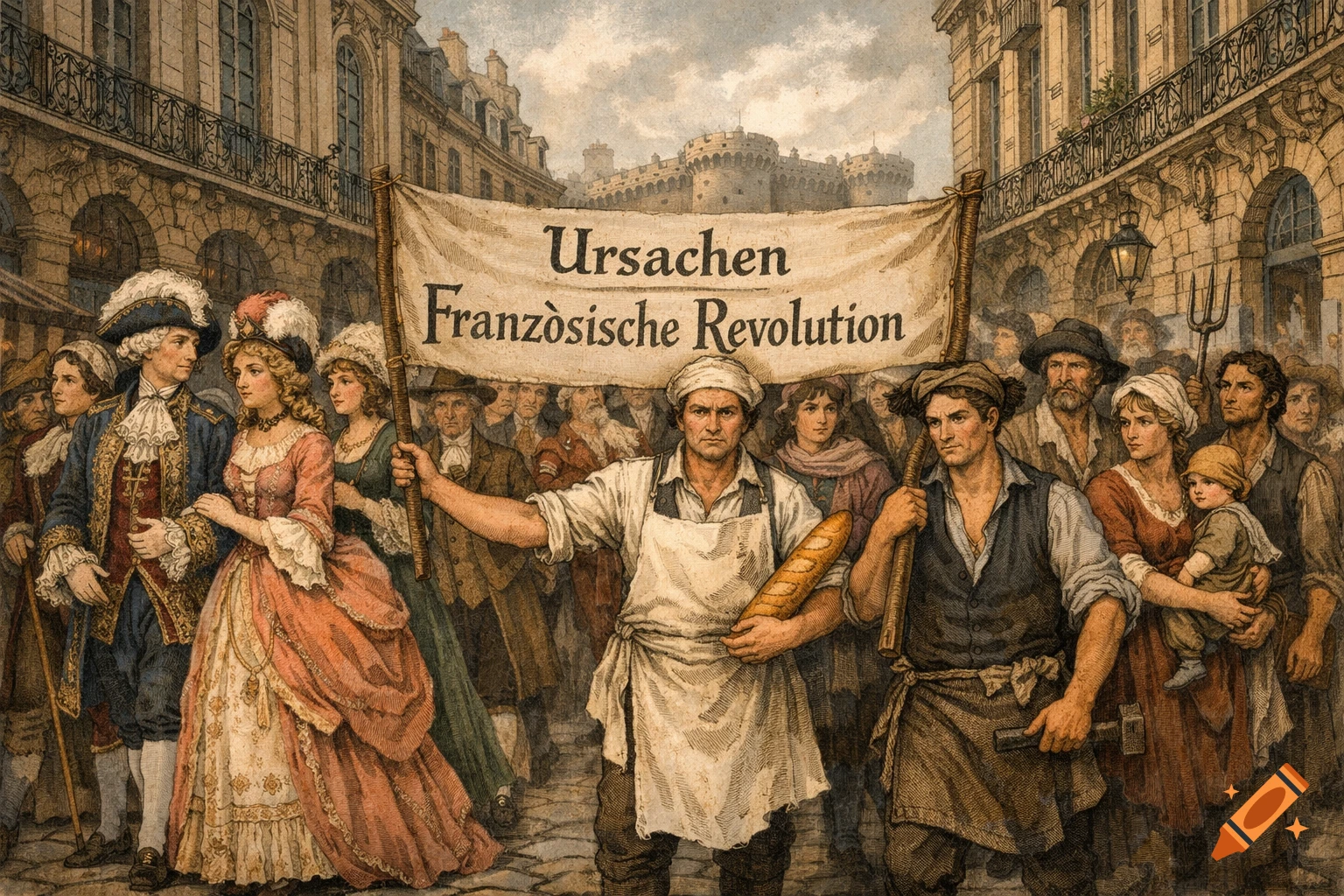 A historical illustration depicting French revolutionaries marching down a city street, carrying a banner that reads 'Ursachen Französische Revolution'.