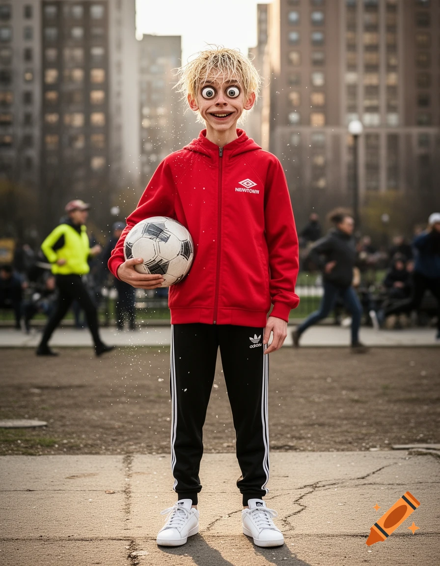 A stylized, skinny blonde boy with huge eyes, wearing a red Newtown jacket and black Adidas joggers, holds a football in an urban park with dandruff.