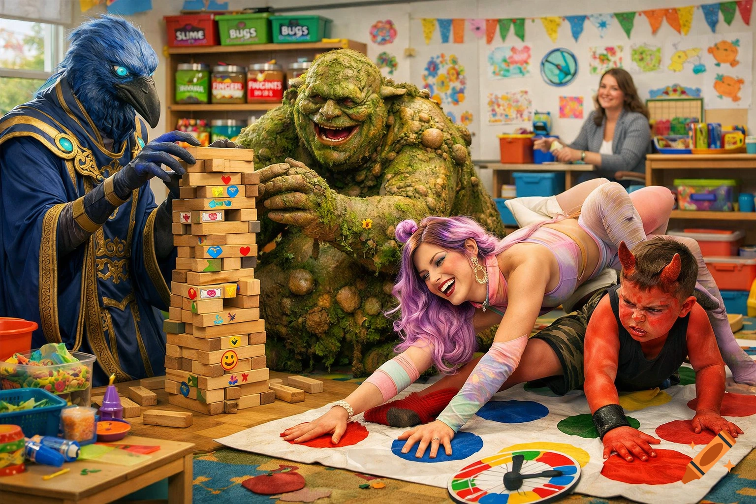 A colorful kindergarten scene with fantasy creatures playing games. A blue bird-like sorcerer and a mossy green giant play Jenga, while a purple-haired figure and a red-skinned child with horns play Twister. A teacher smiles in the background.
