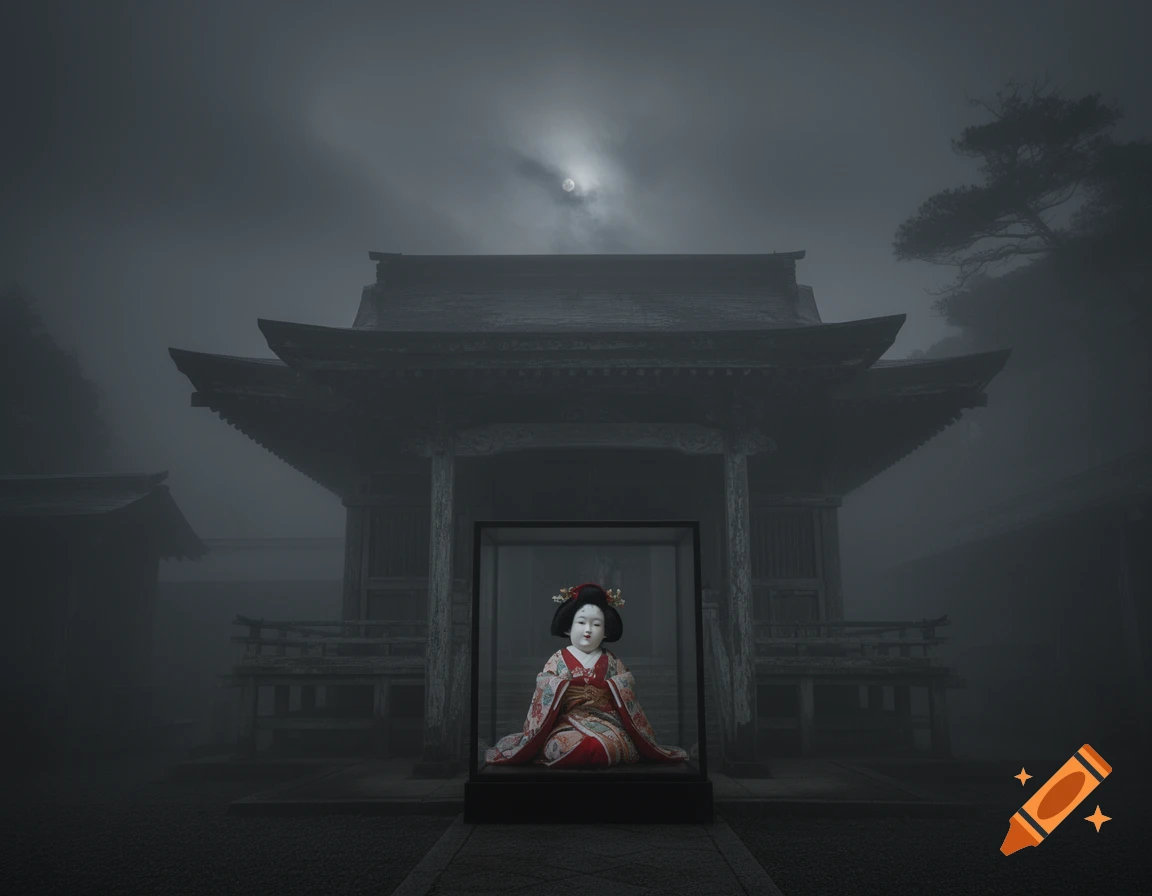An ichimatsu doll sits in a glass case in front of a gloomy, fog-laden Japanese shrine at night under a full moon.