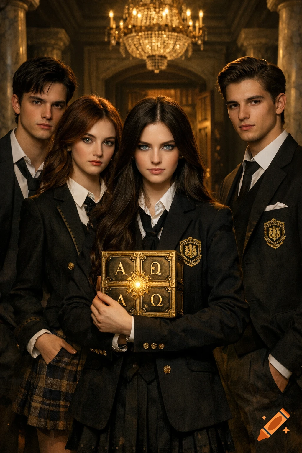 Four diverse teenagers in black academy uniforms pose seriously in a grand, dimly lit hall with a sparkling chandelier above.