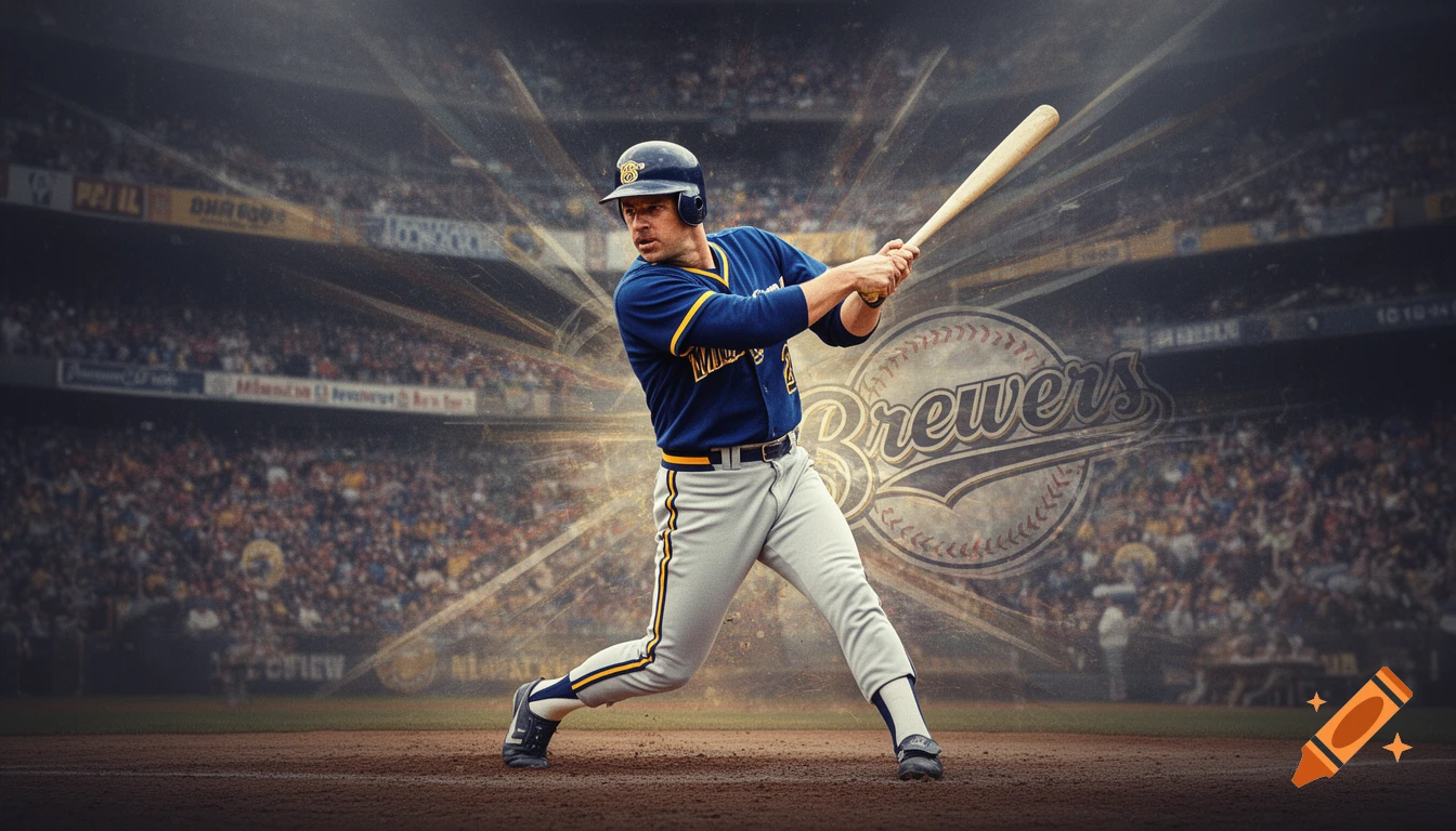 A baseball player in a blue and yellow Brewers uniform swings a bat in a brightly lit stadium.
