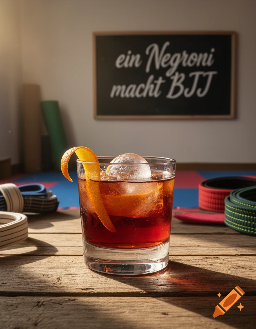 A Negroni cocktail with an ice sphere and orange peel on a wooden table, with a blackboard and martial arts belts blurred in the background.