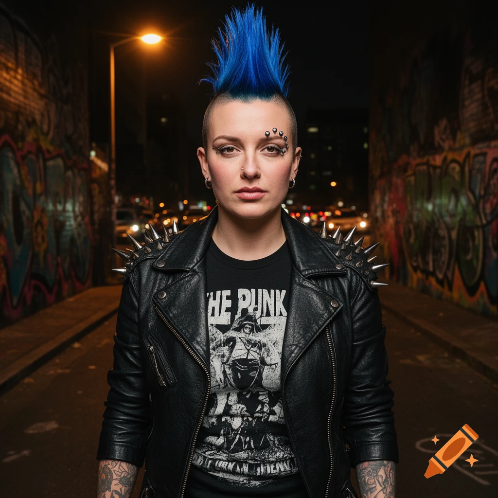 A photorealistic portrait of a punk woman with a blue mohawk, facial piercings, and a studded leather jacket, standing in a graffiti-covered urban alley at night.