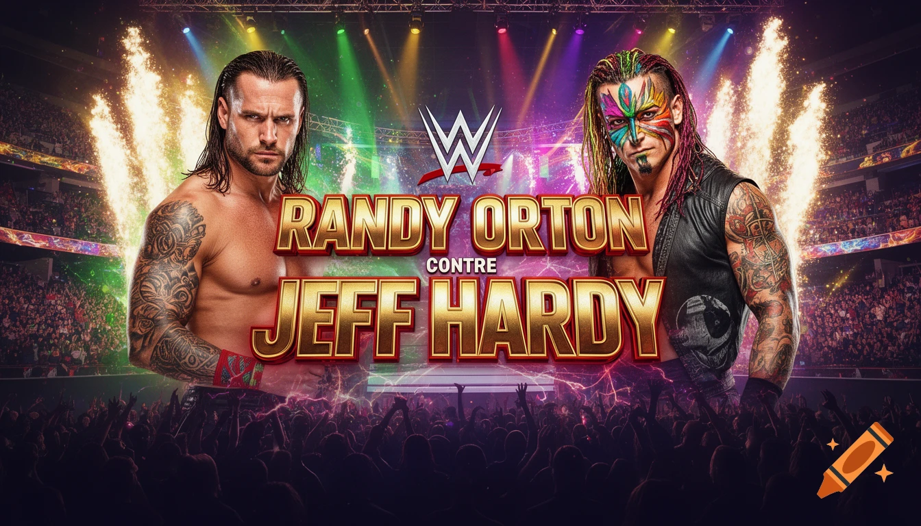 A vibrant wrestling match announcement poster featuring Randy Orton and Jeff Hardy, with a WWE logo, set against a stadium backdrop with pyrotechnics.