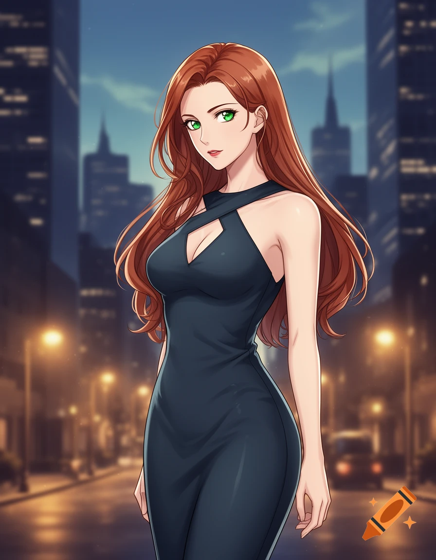 An anime woman with long red hair and green eyes wears a dark, form ...