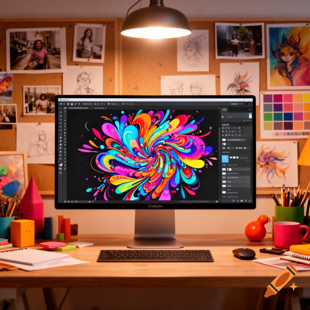 A creative workspace with a computer monitor displaying vibrant abstract art, surrounded by art supplies and a corkboard.