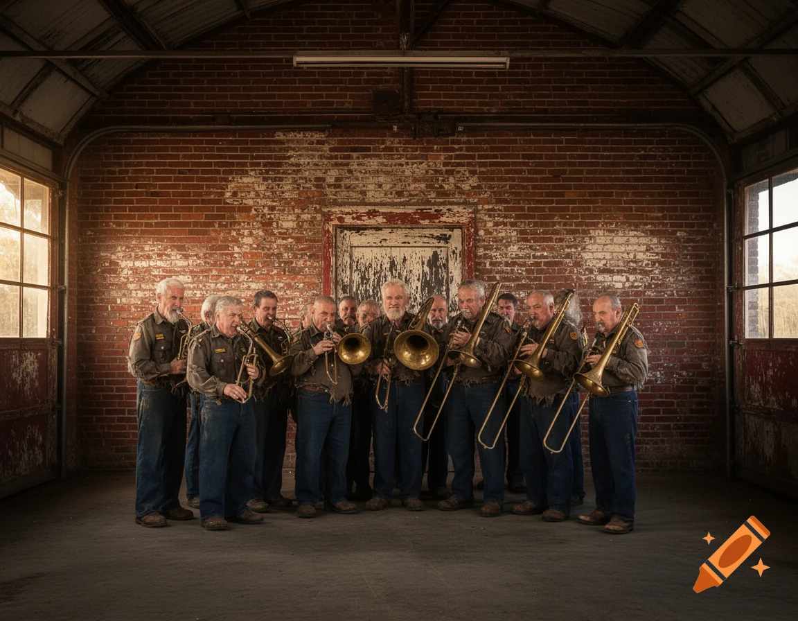 A group of older men in distressed uniforms playing brass instruments inside an old brick building.