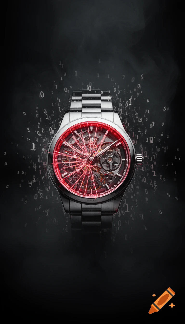 Photorealistic close-up of a luxury wristwatch with a red neon cracked face and floating binary code on a dark, smoky background.