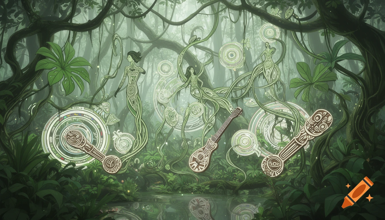 Psychedelic jungle scene with abstract, vine-like human figures, floating tribal instruments, and glowing circular patterns amidst lush foliage.