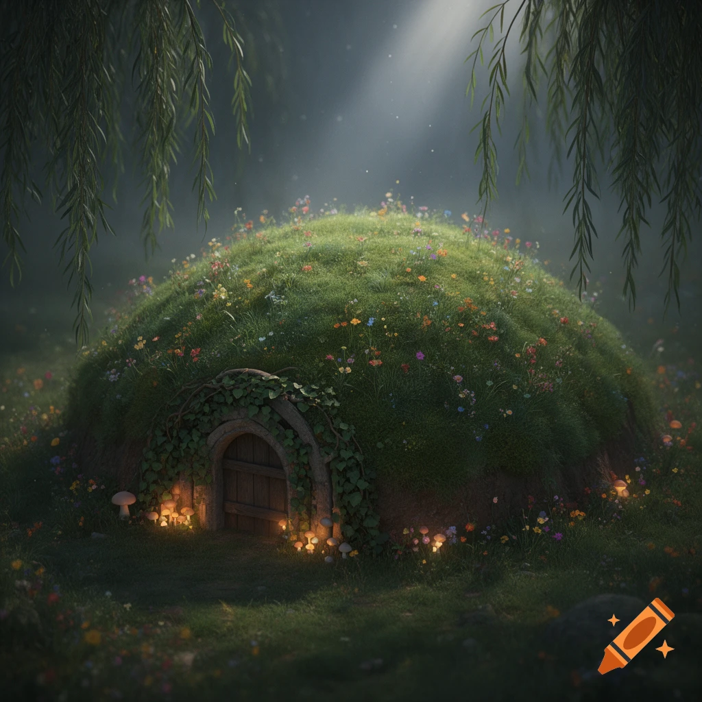 A whimsical, grassy fairy mound with a wooden door, surrounded by wildflowers and glowing mushrooms under weeping willow branches.