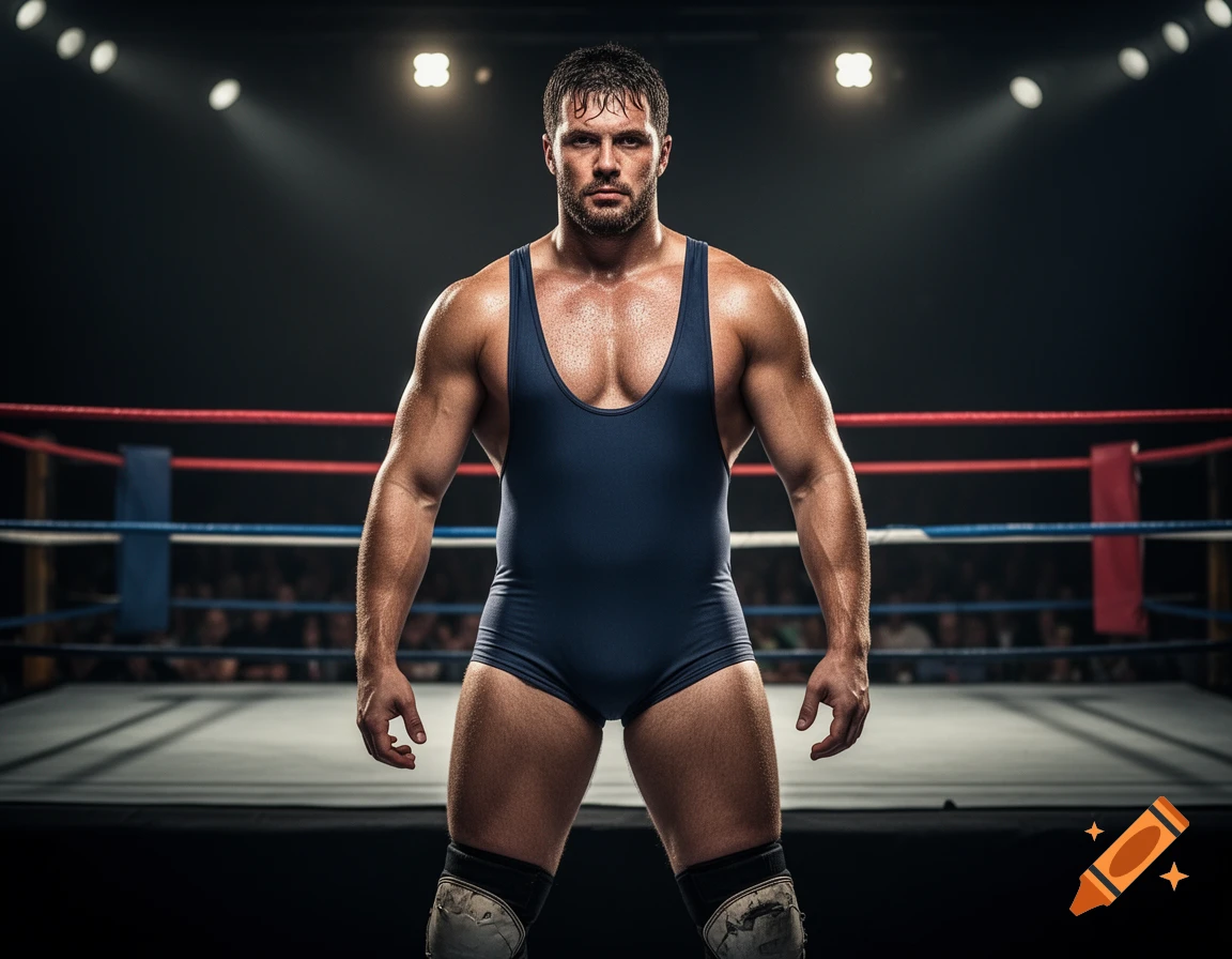 A muscular male wrestler in a blue singlet stands confidently in a spotlighted wrestling ring.