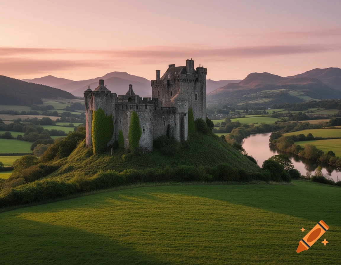 A photorealistic old stone castle on a grassy hill, overlooking a river ...