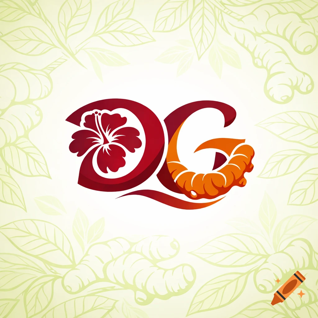 Red 'D' with a hibiscus flower and orange 'G' with a ginger root, forming a logo on a botanical background.