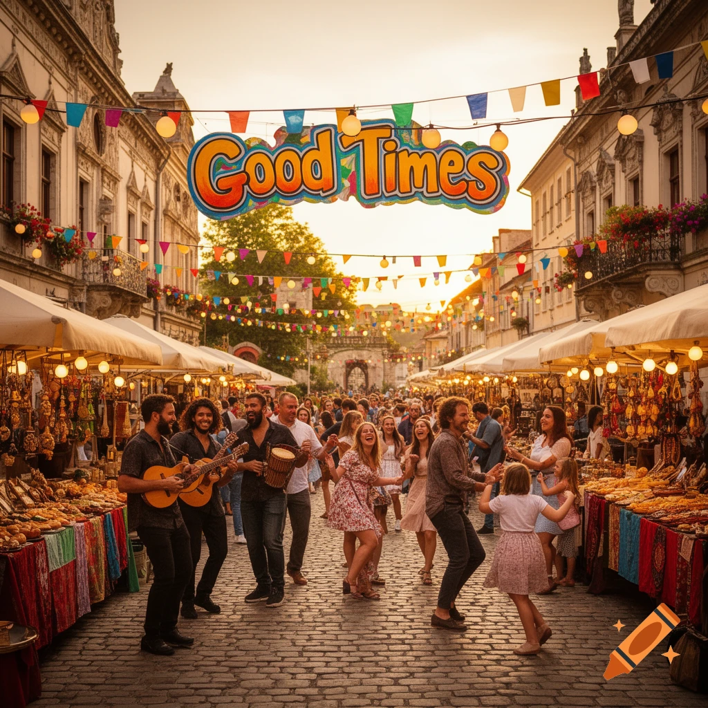 A lively street market at sunset with people dancing and musicians playing, under a 'Good Times' sign and festive flags.