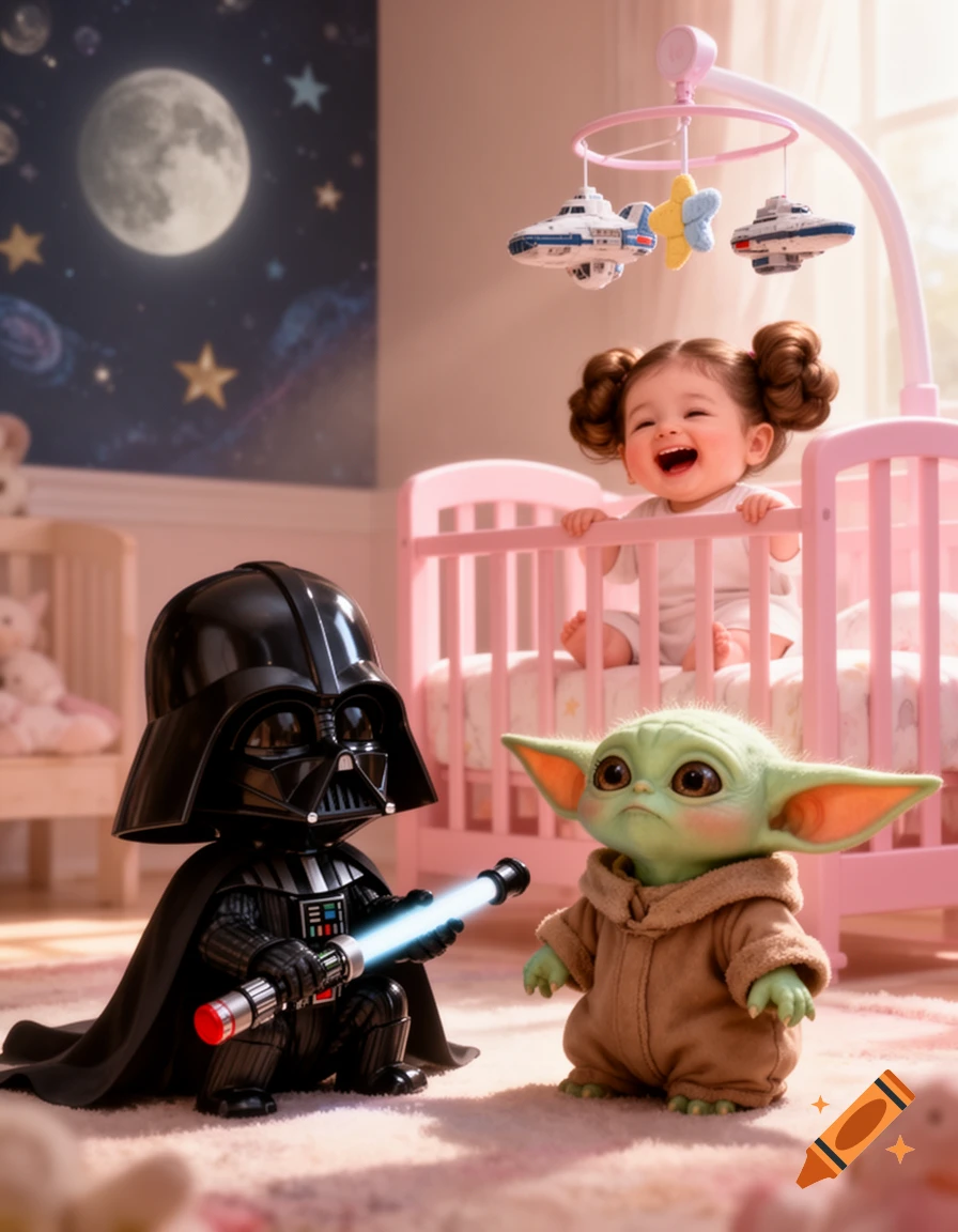 Baby Darth Vader with a lightsaber, Baby Yoda, and a laughing baby in a pink crib in a Star Wars-themed room.