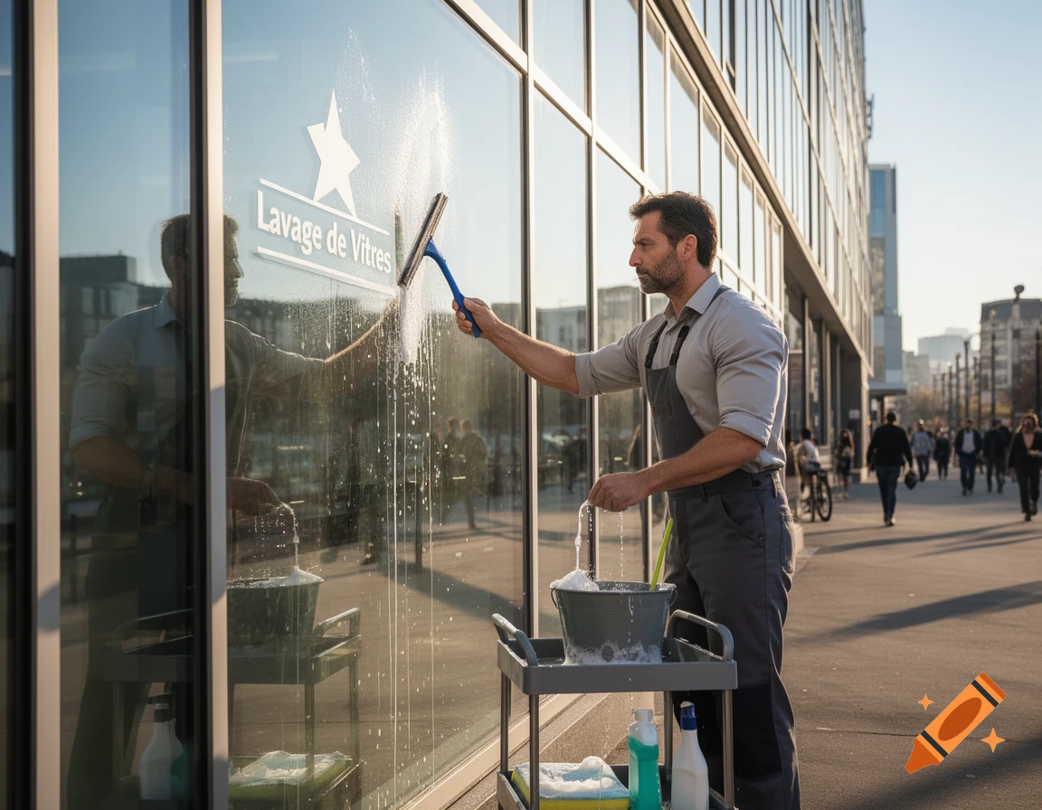 A man in an apron cleans a large glass window of a modern building with a squeegee, bucket, and cart on a sunny day.