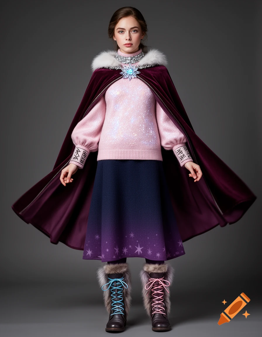 A woman in a magical winter uniform: iridescent pink sweater, velvet plum cape with white fur, starry blue-purple skirt, and fur-lined boots with blue and pink laces.