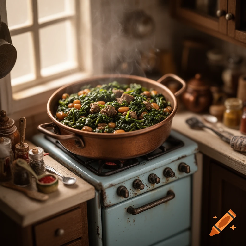 A miniature dish of Persian Ghormeh Sabzi steams in a copper pot on a tiny blue stove in a cozy kitchen, photorealistic.