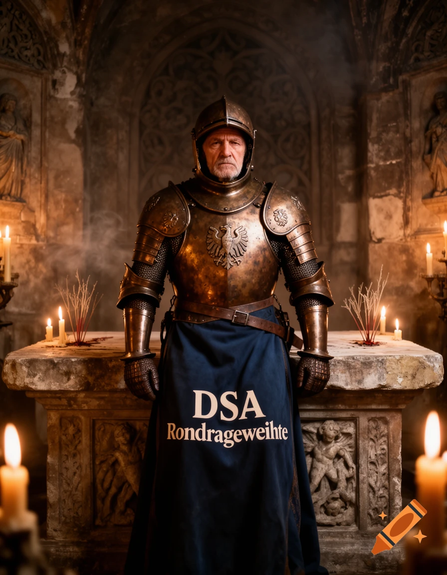 A solemn knight in ornate golden armor and a blue tabard with "DSA Rondrageweihte" stands before a candlelit stone altar.