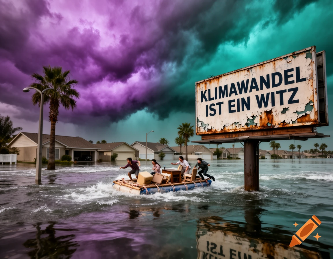People on a makeshift raft in a flooded street, passing a billboard reading "CLIMATE CHANGE IS A JOKE" under a stormy sky.