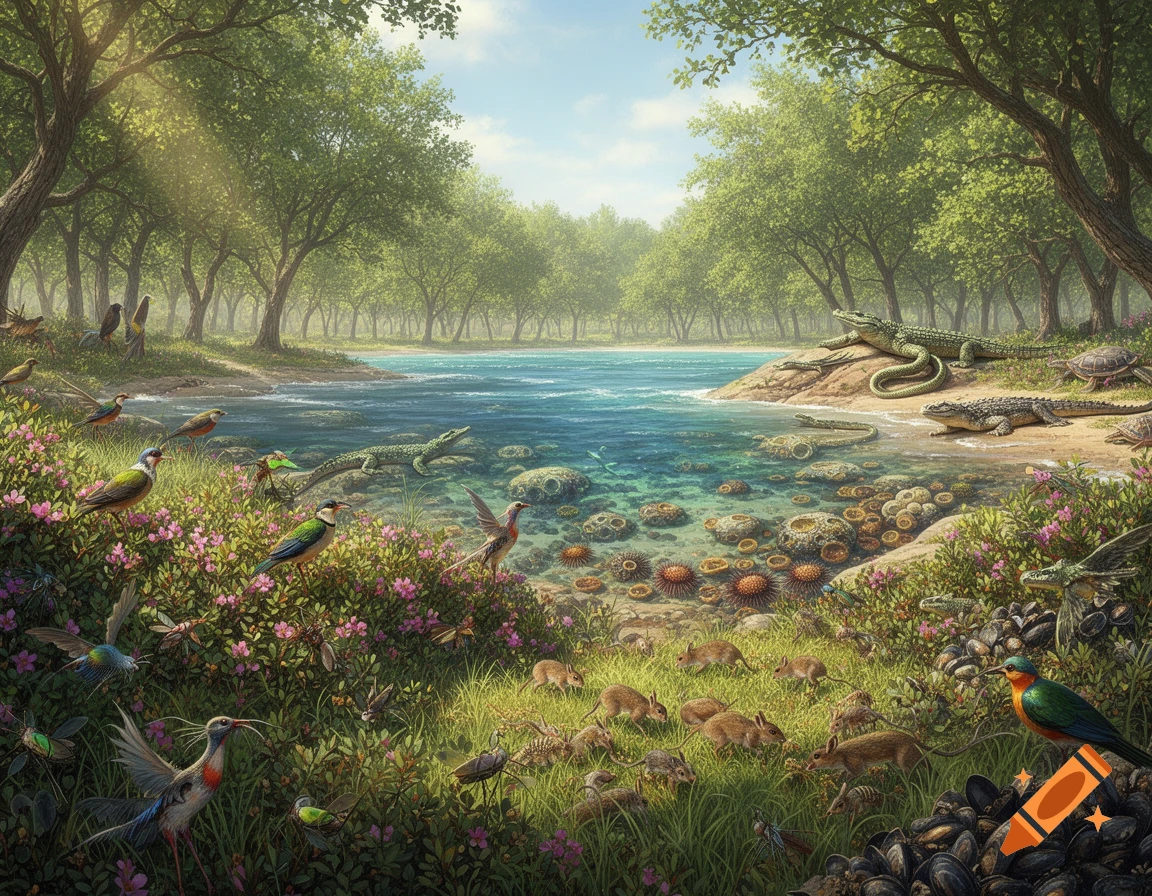 A lush, vibrant riverside scene teeming with diverse wildlife including ...
