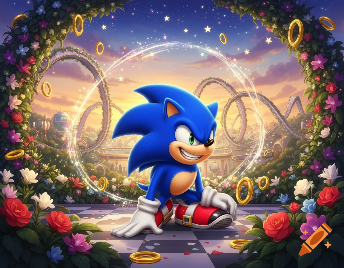 Sonic the Hedgehog kneels on a checkered floor amidst flowering vines and glowing rings, smiling against a vibrant sunset sky with looping structures in the background.