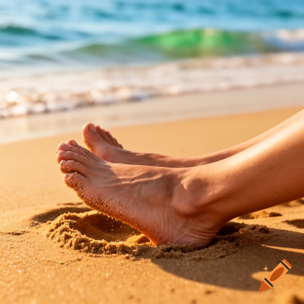 Close-up of bare feet partially buried in golden sand on a sunny beach, with ocean waves gently breaking in the background.