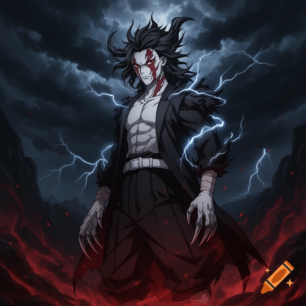 Anime demon with pale skin, red face markings, spiky black hair, and claws, standing in a stormy landscape with lightning and red flames.