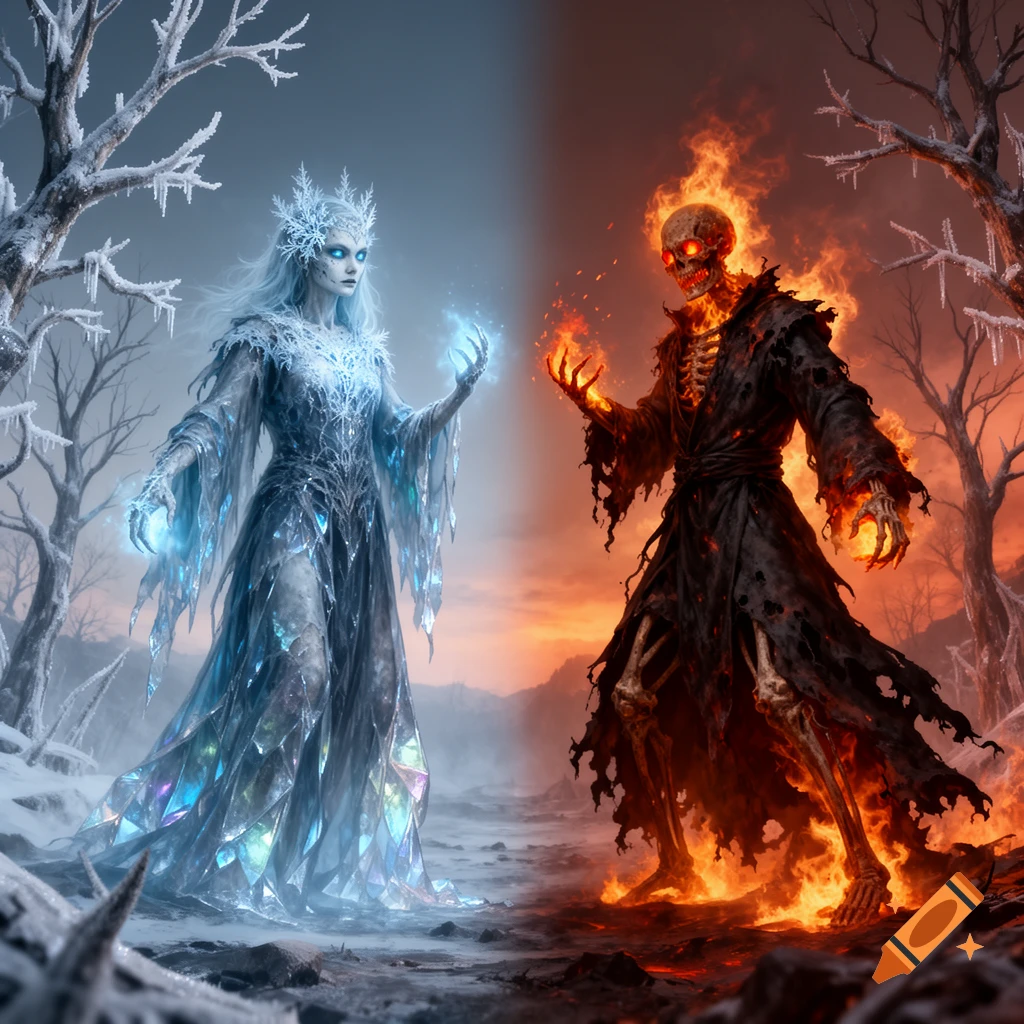 A detailed fantasy illustration of an ice witch with glowing blue magic facing a fiery skeleton wizard with red magic in a divided icy and desolate landscape.