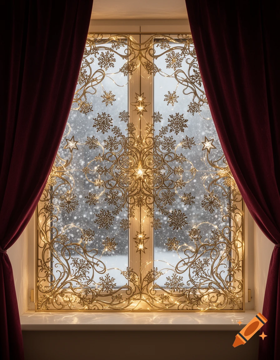 A window decorated with ornate gold laser-cut snowflakes and string lights, framed by red velvet curtains, with snow falling outside.