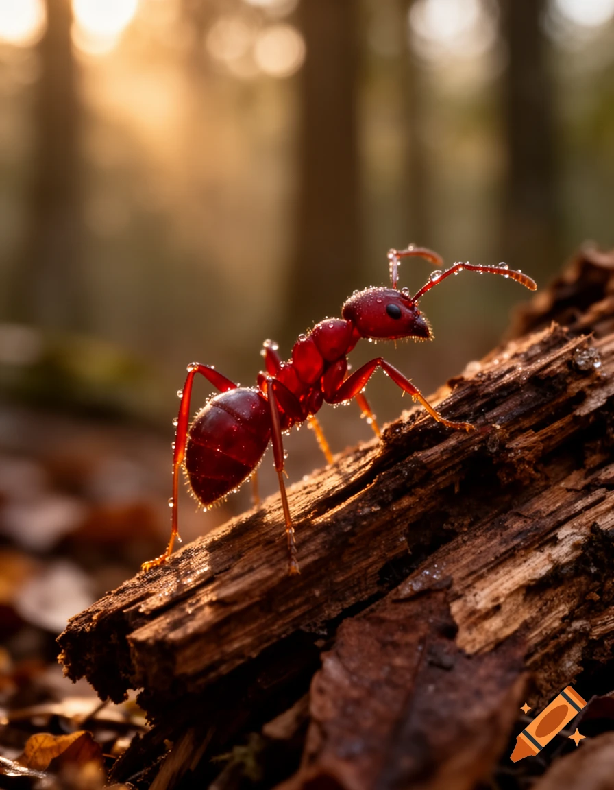 A close-up, photorealistic shot of a red ant covered in dew drops, walking on a mossy log with warm sunlight in the background.