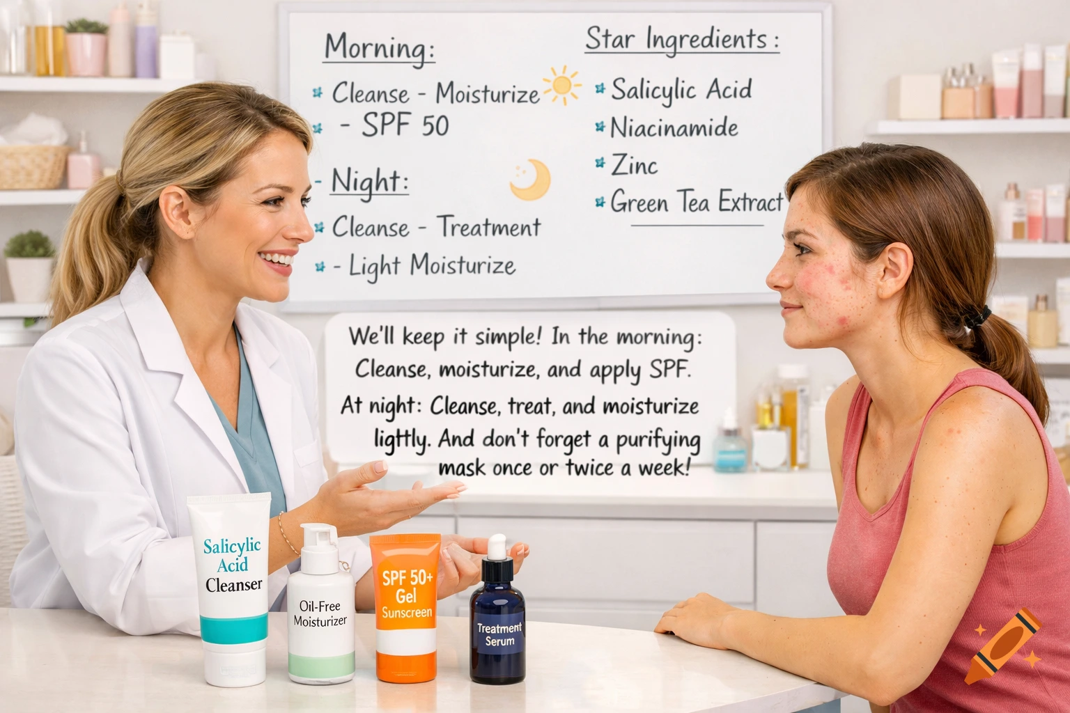 A smiling dermatologist talks to a young woman with acne, pointing to a whiteboard listing a skincare routine and products.