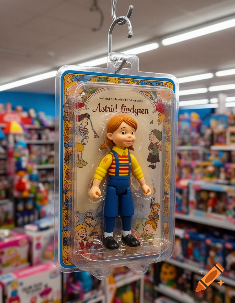 A close-up shot of an Astrid Lindgren action figure in its plastic packaging, hanging on a metal hook in a brightly lit toy store aisle with blurred shelves in the background.