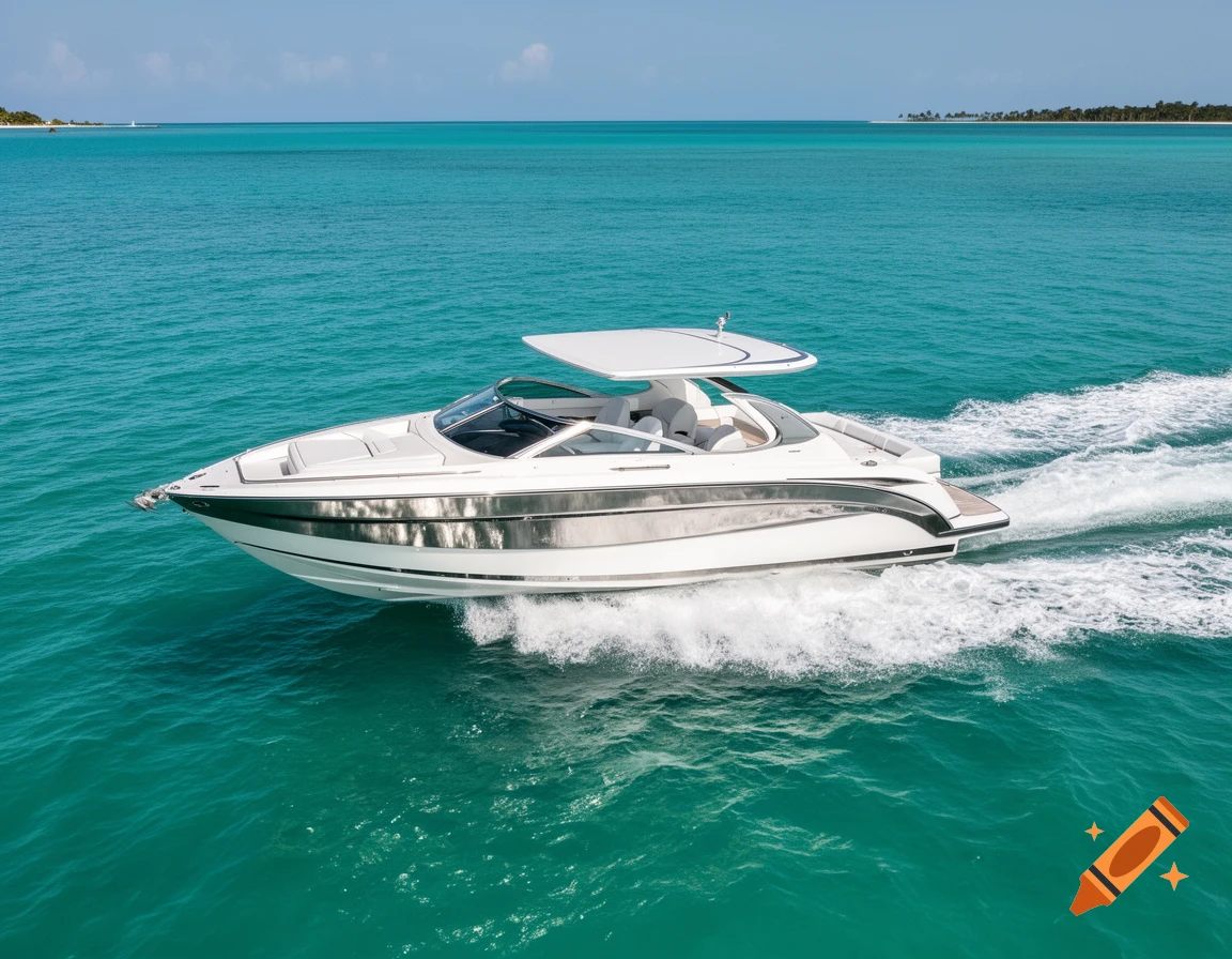 A white and silver motorboat speeds across clear turquoise water under a bright blue sky, leaving a white wake.