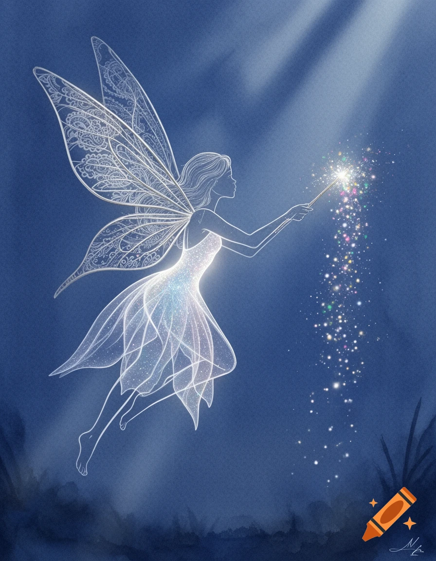 A glowing ethereal fairy outline with ornate wings sprinkles colorful magic from her wand against a dark blue background.