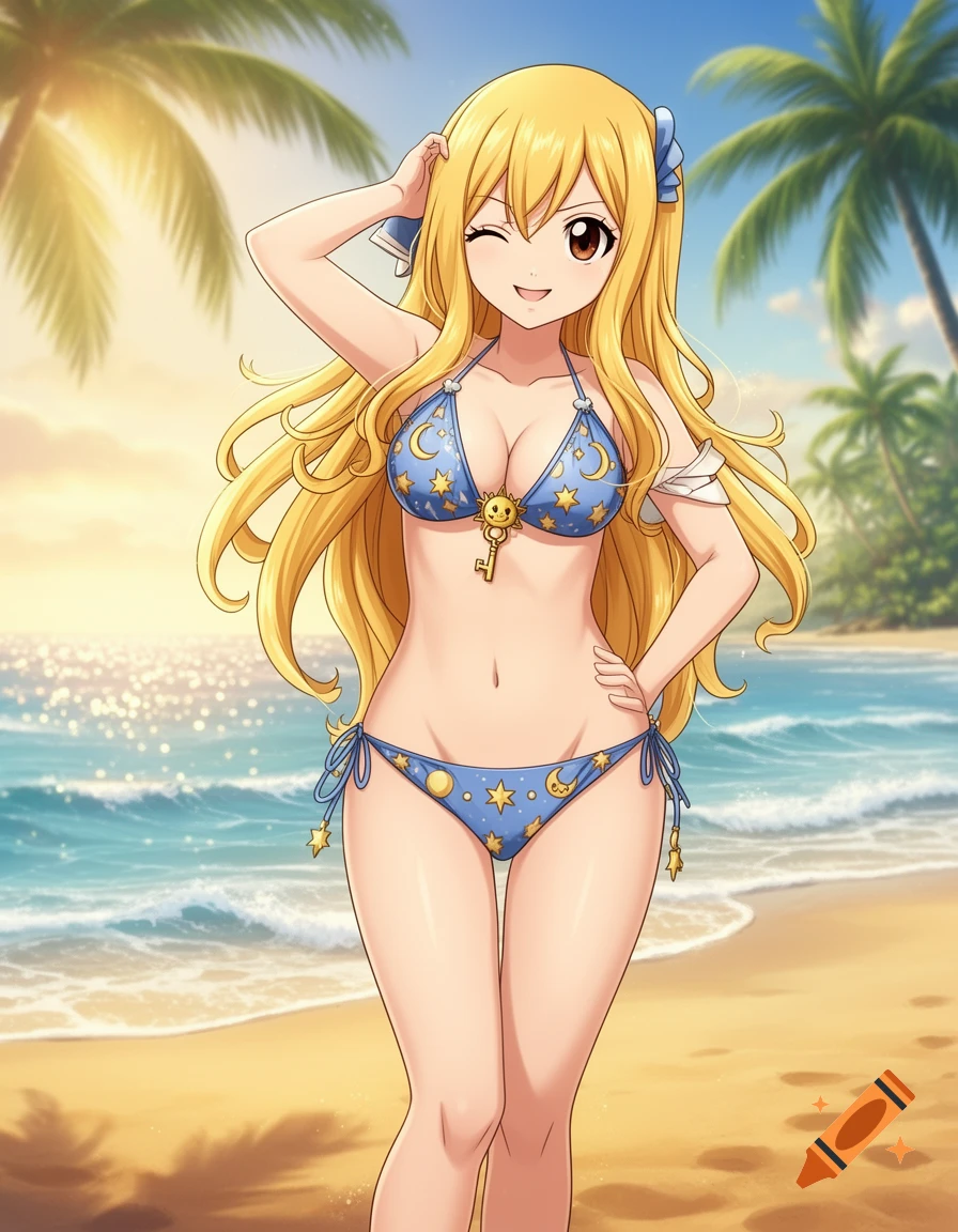 Anime girl Lucy Heartfilia winking on a sunny beach, wearing a blue bikini with moon and stars.