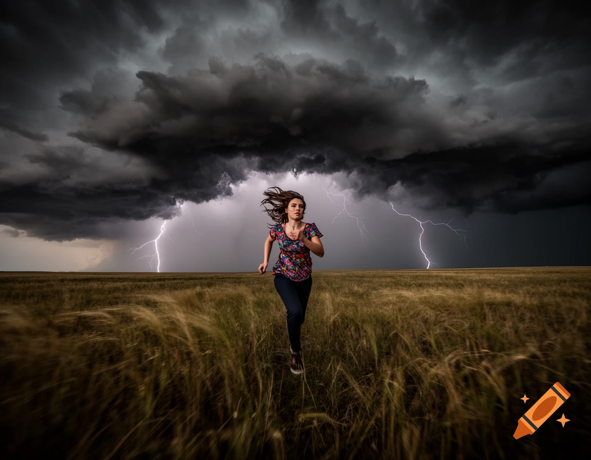 A woman runs through a vast grassy field under a dark, stormy sky with lightning.