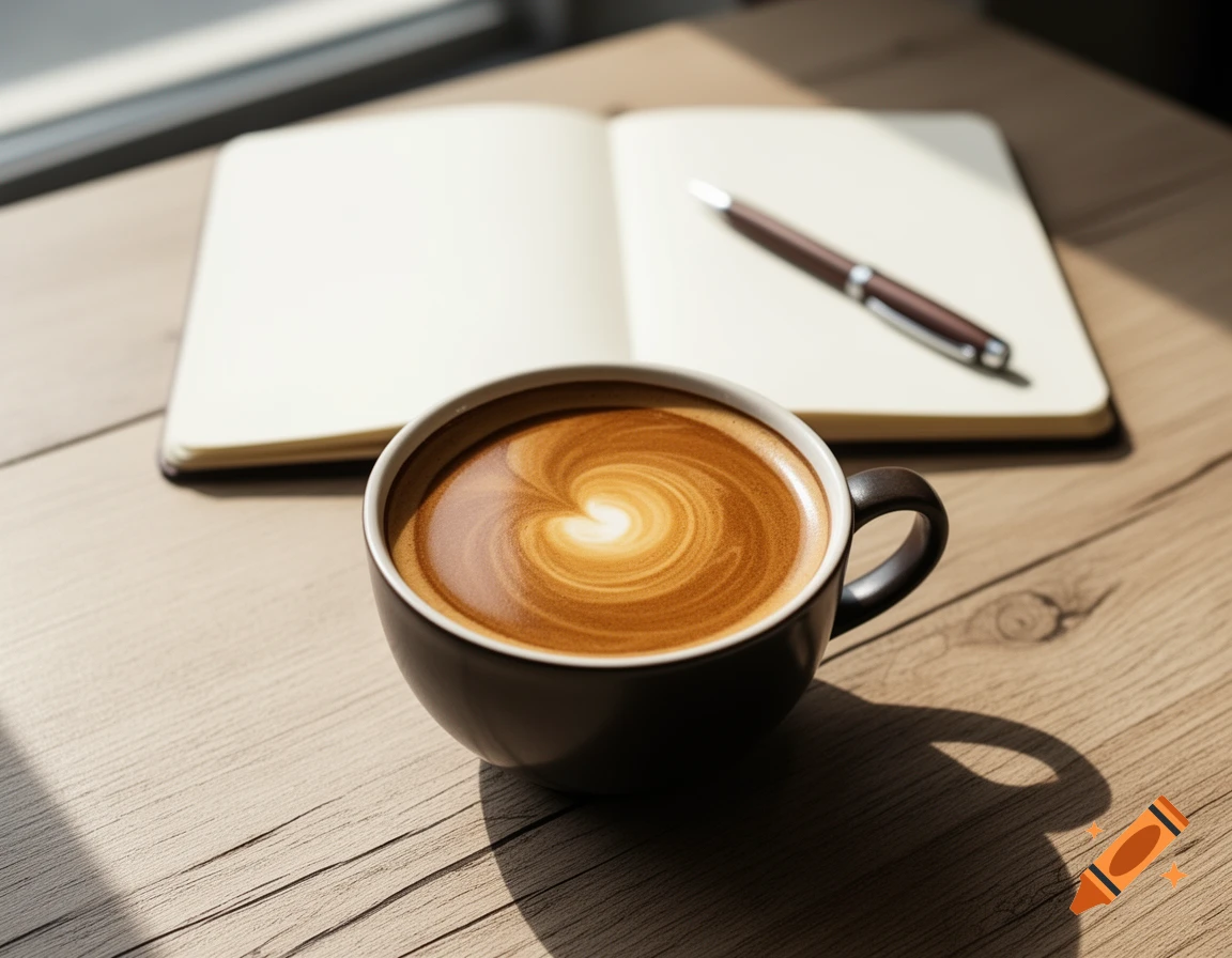 A cup of coffee with heart-shaped latte art on a wooden table, with a blurred open notebook and pen in the background, near a window.