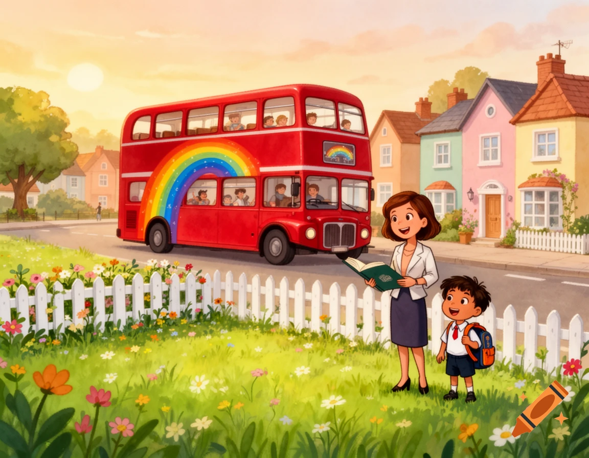 A teacher and a school child stand in a field of wildflowers next to a red double-decker bus with a rainbow. Colorful houses line the street in the background, under a warm sunset sky in a charming illustration style.