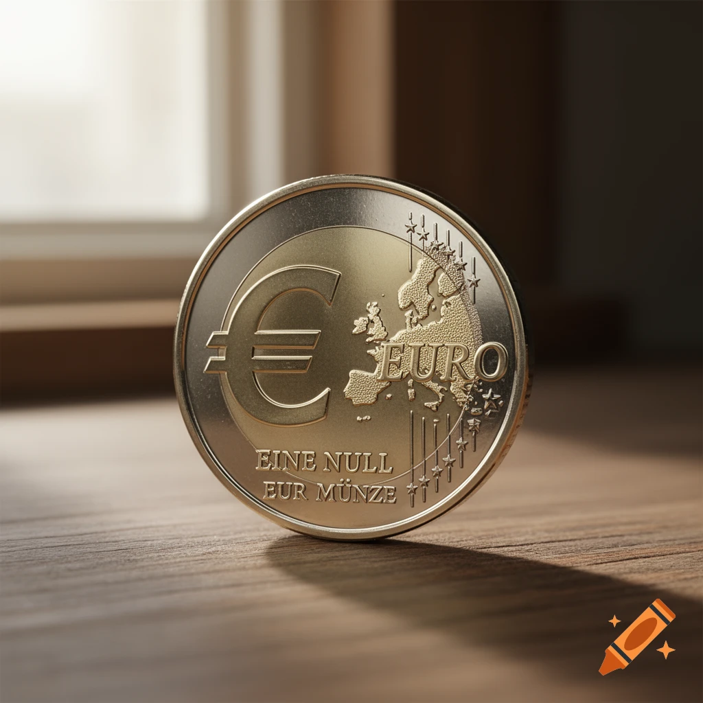 Close-up of a gold and silver Euro coin standing on a wooden surface, featuring the Euro symbol, a map of Europe, and text.