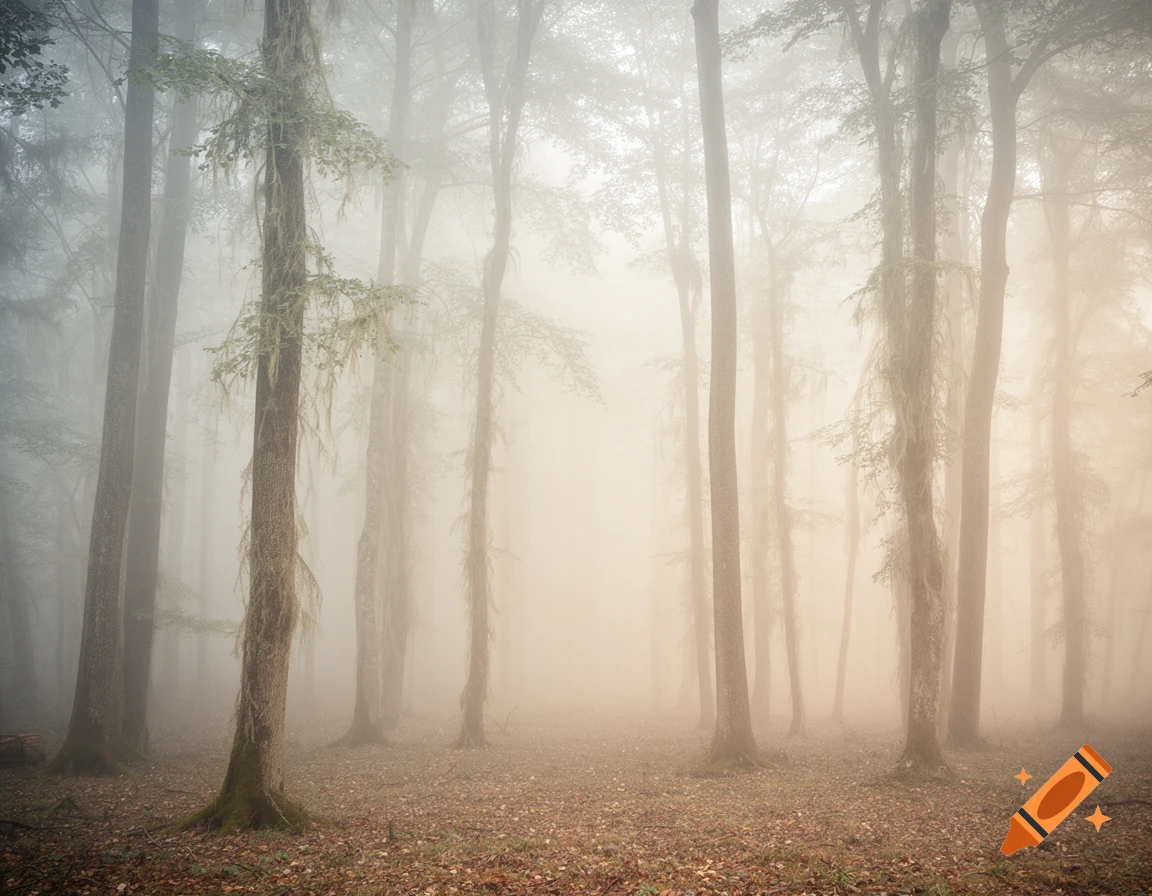 A dense, misty forest with tall trees and fallen leaves on the ground, in soft grey, sage, white, and beige tones.