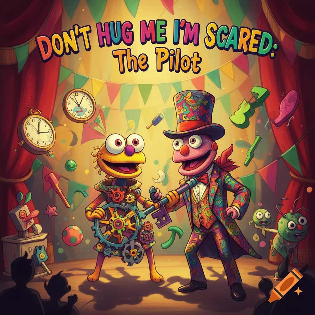 Two colorful, cartoonish puppet characters perform on a stage with gears and clocks, under a banner reading "DON'T HUG ME I'M SCARED: The Pilot".