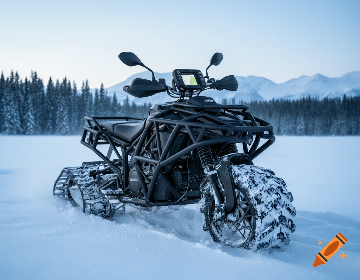 A black snow bike with tracks and a front wheel stands in deep snow, with a forest and mountains in the background.