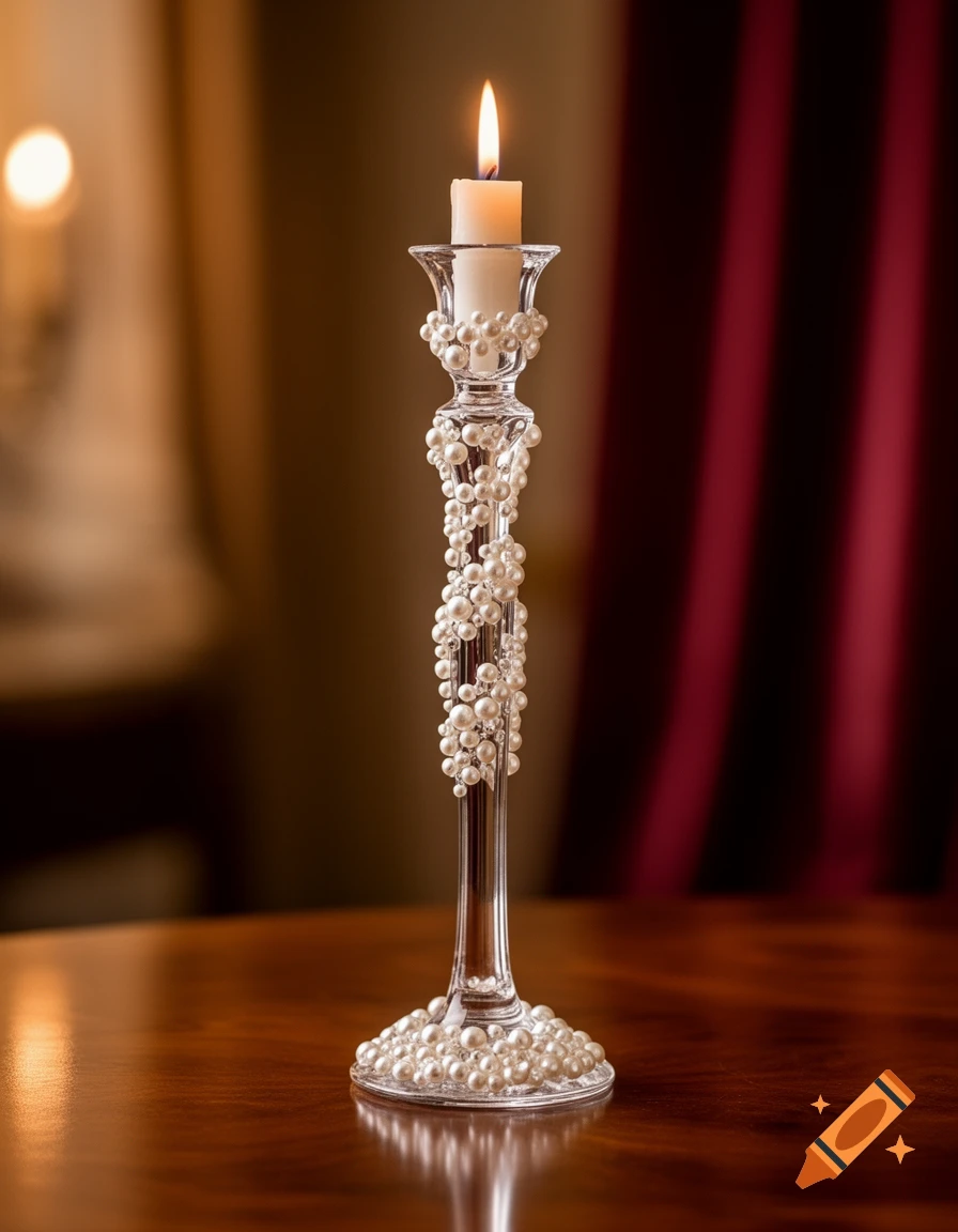 A lit candle in a clear glass candlestick adorned with white pearls, reflecting on a polished wooden table.