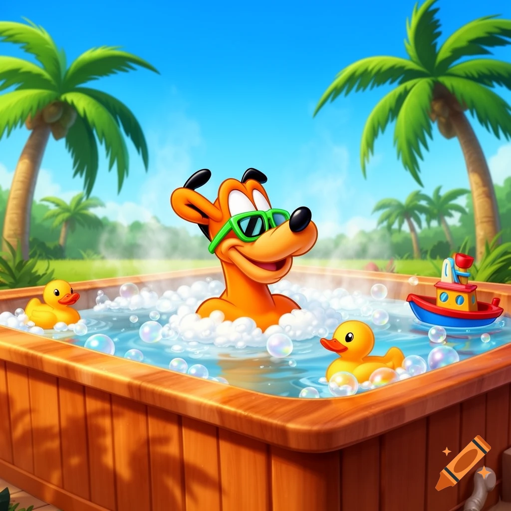 Cartoon of Disney's Pluto wearing green sunglasses, relaxing in a bubbly hot tub with rubber ducks and a toy boat, under palm trees.