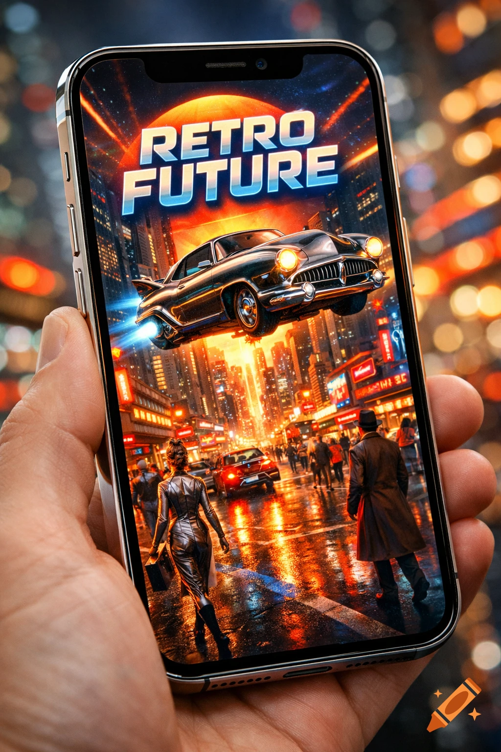 A person's hand holds an iPhone displaying a "RETRO FUTURE" movie poster with a flying classic car over a wet, neon-lit city street with people.