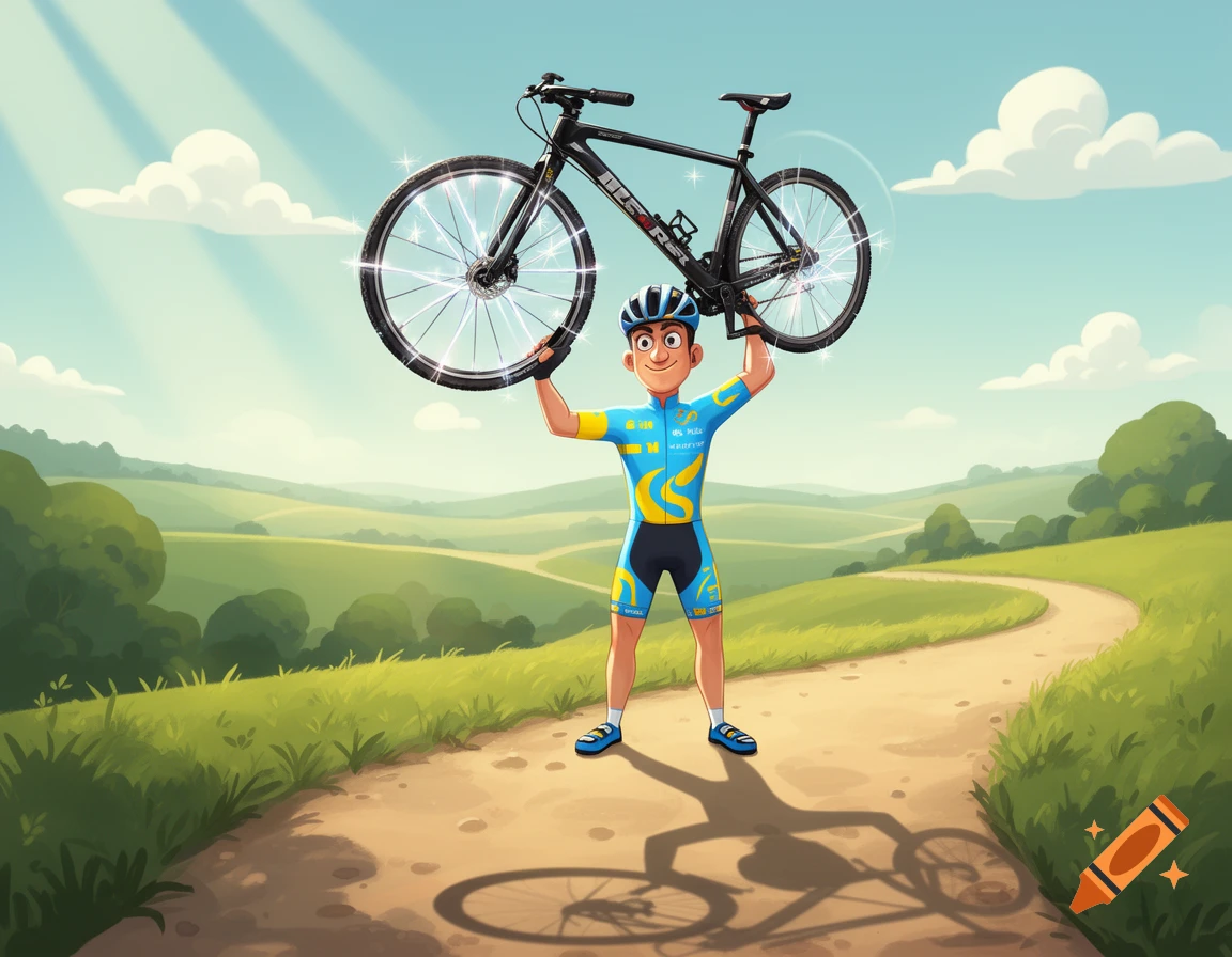 Cartoon cyclist in blue and yellow gear holds a black racing bike over his head on a sunny dirt path through green hills.